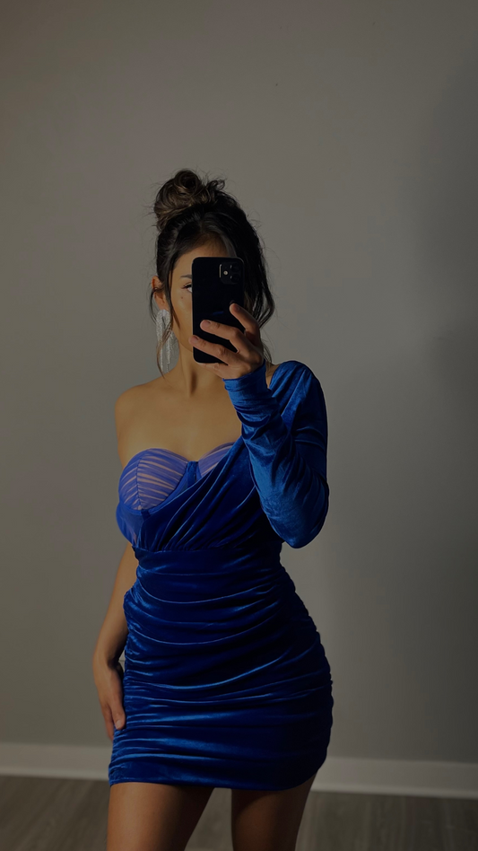 ROYAL BLUE velvet one sleeve dress